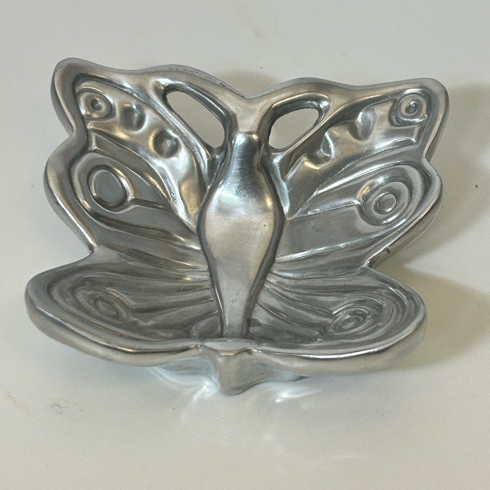 Butterfly Dresser Tray Trinket Jewelry Vanity Chrome Metal Dish 3" Vintage